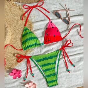 Watermelon Print Halter Neck Tankini Bikini Set with beaded accents